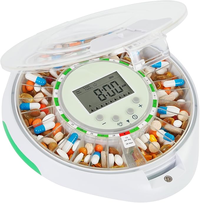 EziMedPil Automatic Pill Dispenser with Ergonomic Lid Design for Seniors | Easy Use Top Key Lock, 9 Daily Alarms & Sound-Light Reminder, Large LCD & Clear Lid Monitoring for Dementia & Senior Care