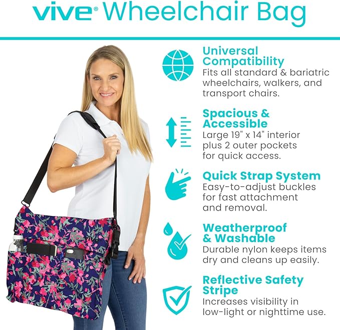 Vive XL Wheelchair Accessories Bag - Waterproof, Scratch-Resistant, Double-Stitched, Machine Washable for Adults, Seniors, 15 Colors - Storage Walker Backpack to Hang on Back