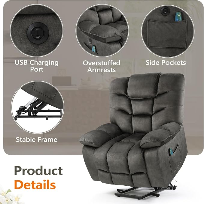 HAOMARKETS Oversized Power Lift Recliner Set of 2 with Massage and Heat for Elderly, Electric Lifting Reclining Chair with Side Pockets and USB Port for Living Room, Dark Grey