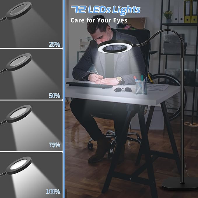 10X 30X Floor Magnifying Glass with Light and Stand, 72 LED Floor Magnifying Lamp, 3 Color Modes 10 Stepless Dimmable Floor Magnifiers for Reading, Sewing, Crafts, Painting, DIY, Close Work Black