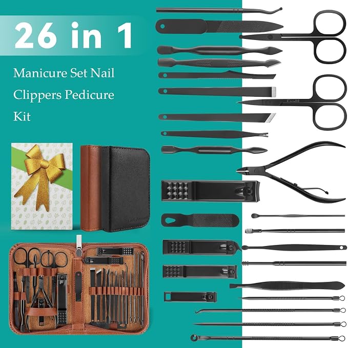 Nail Clippers Set, 26 Piece Manicure Set & Pedicure Kit, Stainless Steel Fingernail & Toenail Clipper Cutters, Professional Nail Care Tools with Luxurious Travel Case for Men and Women, Brown