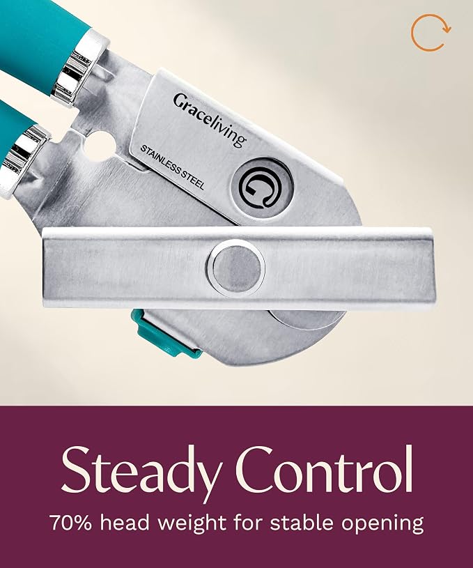 Heavy Duty Manual Can Opener with Magnetic Lid Lifter, Teal | Premium Stainless Steel Body, Sharp Cutting Blade, Oversized Easy-Turn Knob, Soft-Touch Handle, Bottle Opener, Kitchen Use