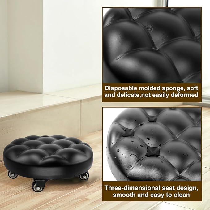 CNQLIS Low Rolling Stool with 360°Swivel Wheels, Pu Leather Low Roller Seat Chair, Movable Mini Stool for Home Office Garage Shop Fitness Sport