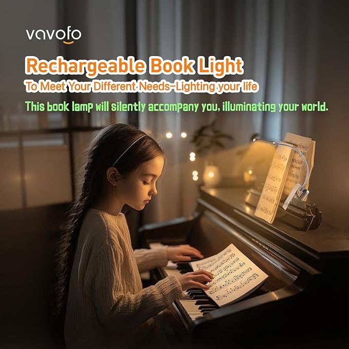 VAVOFO Rechargeable Book Light for Reading in Bed Kids, 7 LED Reading Light with 9-Level Warm Cool White Daylight, Eye Care Lamp with Power Indicator for Bookworms (Champagne Gold)