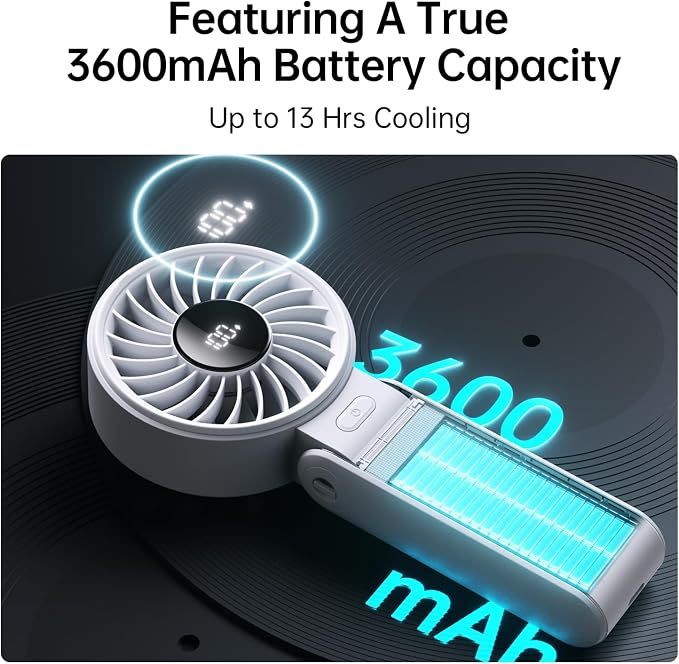 JISULIFE Handheld Fan Life7 – Ultimate Flexibility: Wide & Strong Airflow, 13H Max Cooling, 3600mAh Rechargeable, 5-Speed, LED Display, 3 IN 1 Portable Fan for Travel, Concerts, Sports Events(Grey)