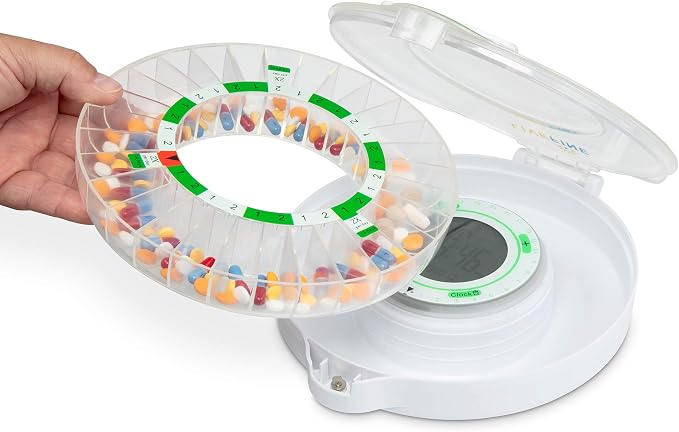 Live Fine 4-Week Pill Dispenser, Locking Pill Organizer, Clear Lid | Medication Organizer, 9 Dosage Rings, Jumbo LCD Display, Audio & Visual Alerts, Lockable Medicine Box