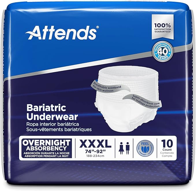 Attends Bariatric Adult Incontinence Underwear, 3X-Large (74-92"), [10 Count] - Overnight Absorbency for Men and Women, Disposable Pull-On Diapers with Tear-Away Sides, AU60