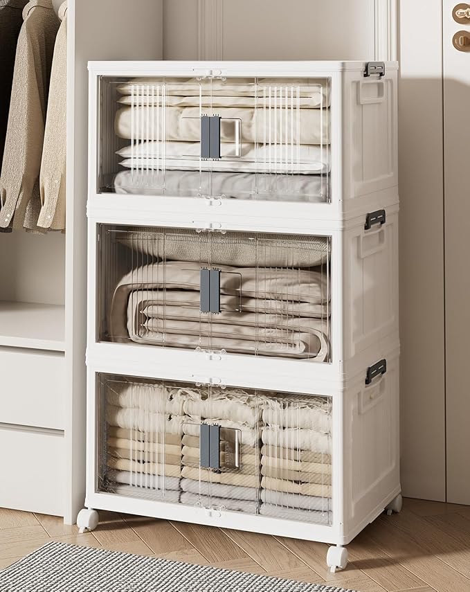 OlarHike 76QT Lockable Storage Bins with Lids - Folding Storage box with Doors and Wheels, Collapsible Plastic Bins for Closets, Stackable Organizer and Containers, Gifts, 3 Pack Cubes