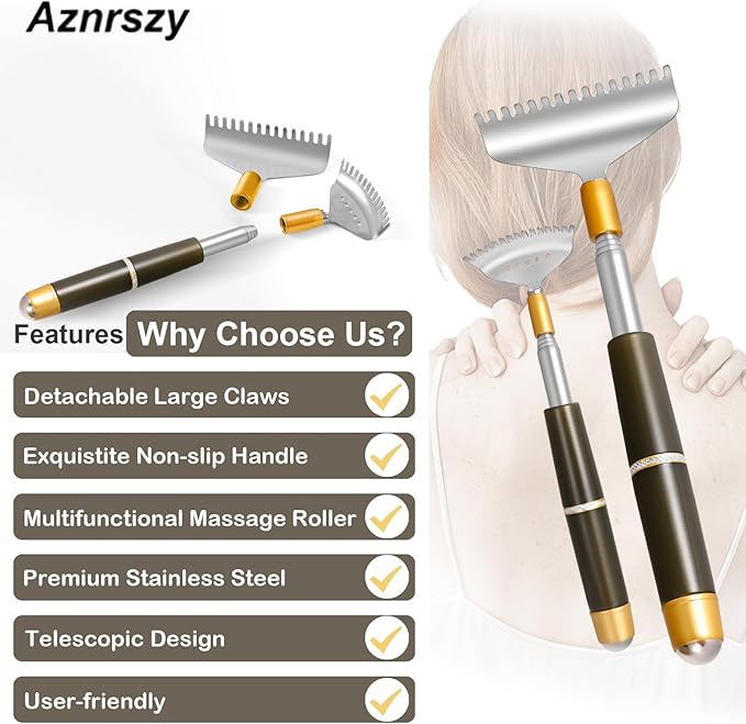 Back Scratcher with 2Pcs Replaceable Heads, Head Body Hand Scratcher Massager with Stainless Steel Wide Claws/Anti-Slip Handle/Massage Roller