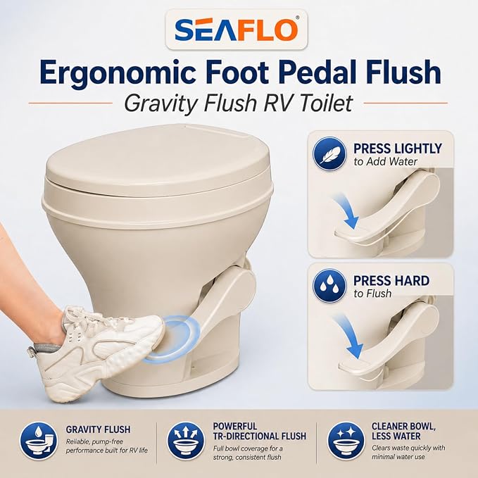 SEAFLO Bone RV Toilet, Residential Height 18.4", Gravity Flush Foot Pedal, Soft Close Seat, Camper Toilet for RV Motorhome Travel Trailer, Parchment, SFRTPH-02-01, 4-Year Warranty