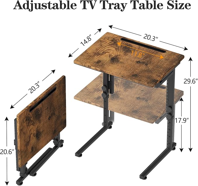 Adjustable Folding TV Tray, C-Shaped Foldable Table for Couch, Brown | Heavy-duty steel frame, No assembly needed, Height adjustable, Folds flat for storage, For Small Space, Living room