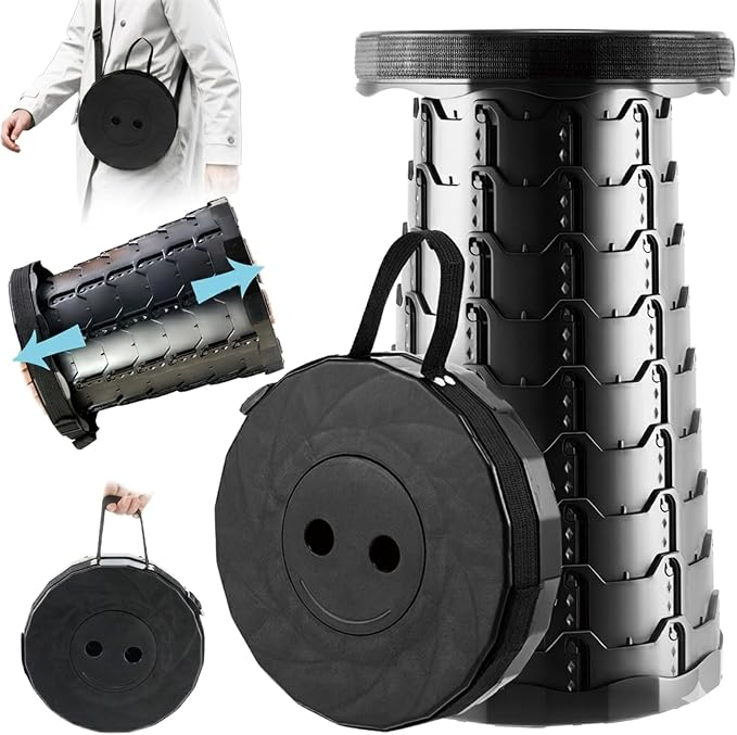 Doseno Collapsible Stool, Foldable Portable Stool for Adults, Black, 1-Pack | Portable collapsible stool: 12 heights, 2.4-17.5 in; thickened PP foldable stool is a compact retractable stool for fishing