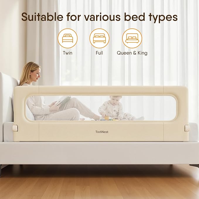 Bed Rail for Toddlers,71 Inch Foldable Baby Guard | 71 in foldable toddler rail with reinforced anchors, no-gap mattress fit, double lock, washable fabric for King|Queen