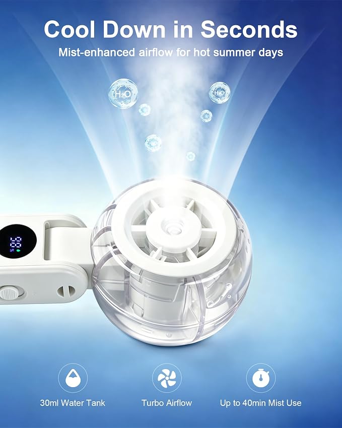 Personal Misting Fan, Rechargeable Handheld Spray Fan | 100-Speed Adjustable Cooling Fan with Water Mist Spray, Foldable Design, Lanyard Included for Outdoor Camping & Travel