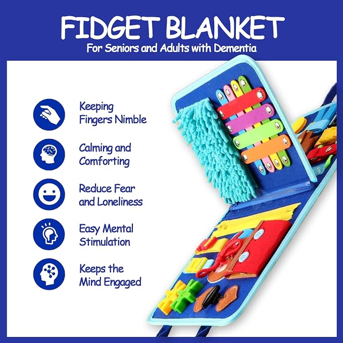 Fidget Blanket for Adults with Dementia, Busy Blanket for Dementia Patients, Dementia Sensory Toy with Alzheimers Dementia for Seniors, Fine Motor Activities, Therapist Toys