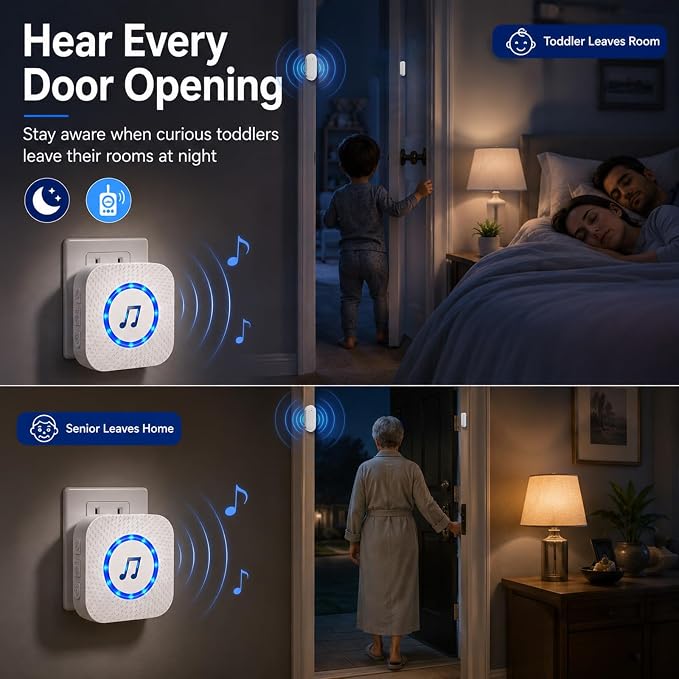 Door Chime,Wireless Door Open Alarm-SANJIE Door Entry Chime with 26 Chimes 5 Adjustable Volume Mute Mode for Business/Home/Store, Pool Alarm with 500ft Range LED Indicators, 1 Receivers + 1 Sensors