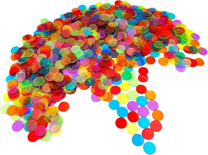 JUNWRROW 1000 Pieces 3/4 inch Transparent 6 Color Bingo Counting Chips with Bag - for Large Group Games, Game Night & Educational Activities