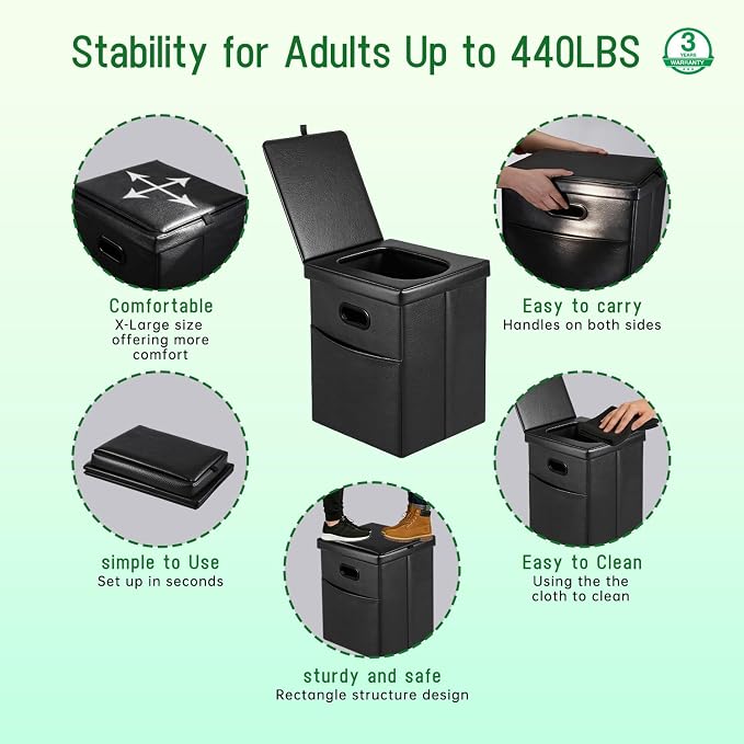 Panmout 16.5" XL Portable Toilet for Camping, Foldable Travel Toilet for Adults with Cushioned Seat, Heavy Duty 190lbs Capacity Commode for Car, Road Trip, Outdoor Emergency & Bedside Support