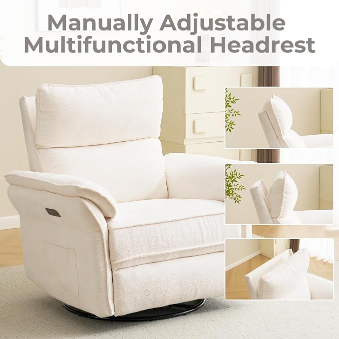 Oversized Power Recliner Chair Swivel Glider with Massage and Heat, Rocker Nursery Recliner for Adults with Adjustable Headrest, 24" Extra Wide Nursery Chair with Overstuffed Armrest,White
