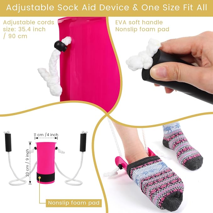 Domensi 6 Pcs Total Hip Kit with Leg Lifter Hip Back Knee Replacement Recovery Aid for Seniors Pregnant 32'' Foldable Grabber Sock Assist Device No Bending Shoe Horn Dressing Stick Bath Sponge(Pink)