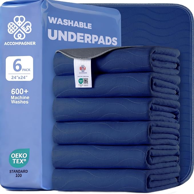 Accompagner Incontinence Bed Pads Washable Waterproof, Ultra-Absorbent Reusable Underpads for Diaper Changing, Nursing, Bedridden, Adults, Seniors, Kids and Dogs (Navy, 24"x24"(Pack of 6))