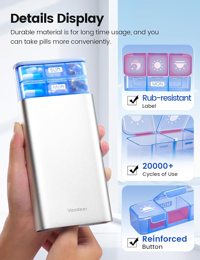 7 Day Weekly Pill Organizer, Metal Travel Pill Case, Large Capacity Daily Cute Pill Box for Supplements, Pills, Vitamins and Medication-1