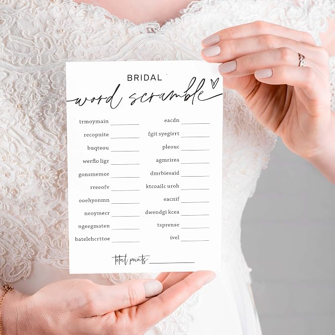 Bridal Shower Games Cards, Bridal Word Scramble, 25 Game Cards with 1 Answer Card, Engagement Party Wedding Games for Guests, Minimalist White Wedding Party Supplies - A14