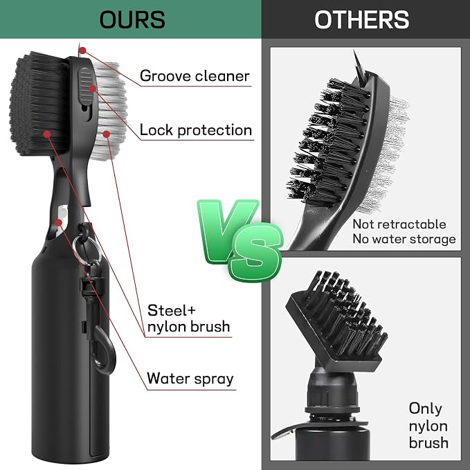 THIODOON 2 Pack Golf Club Brushes and Groove Cleaner 2 ft Retractable Zipline Carabiner Golf Brush Head with Retractable Spike Comfortable Grip Golf Club Cleaner