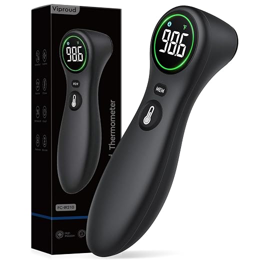 Viproud No-Touch Thermometer for Kids and Adults, 1-Second Reading, Black | Forehead & Object Mode, Fever Indicator, Large Clear LED, Silent Mode, Home Medical, Nurse Accessories, Lifetime Support