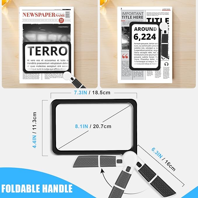 5X Handheld Magnifier for Page Reading - Large Folding Lighted Magnifier with 48 LED Lights (3Modes), Rectangular Handhold Magnify Lens Gifts for Reading Small Prints, Low Vision, Seniors