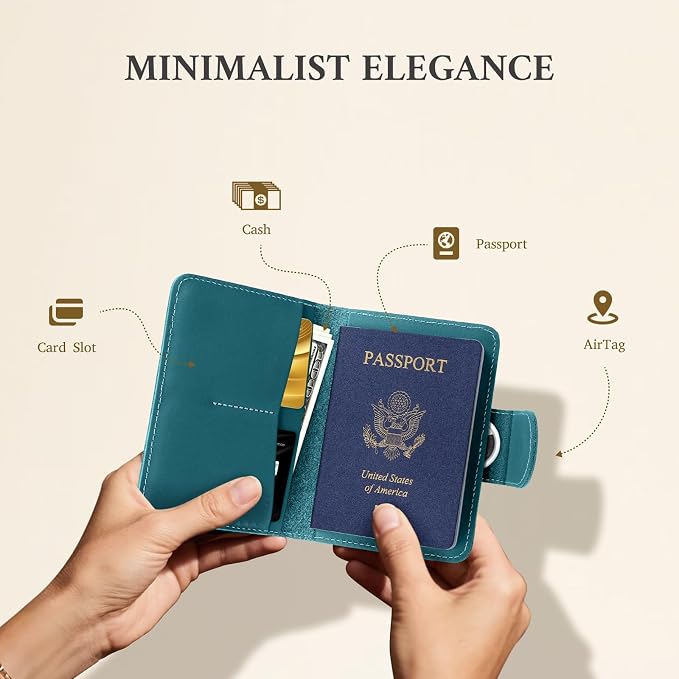 ALLIVE Rfid Passport Holder for Travel Women & Men, Passport Cover Wallet with AirTag Hidden, Genuine Leather Passport Holder Essential for Business Travel, Airport Security (Lake Blue)