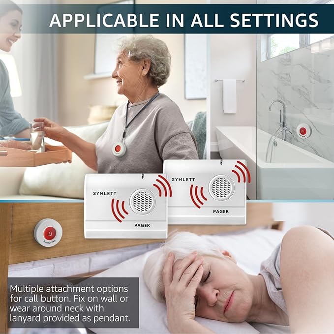 Caregiver Pager Wireless Nurse Call Button for Elderly Home Monitoring Alert System Portable Alarm Bell Seniors Patients Emergency 3 Call Buttons, 2 Pagers