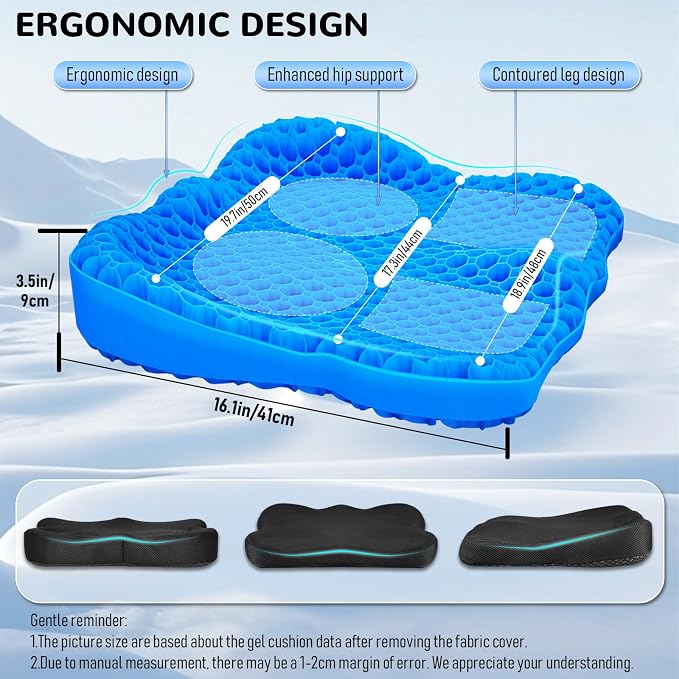 Cooling Gel Seat Cushion, Thickened Big Breathable Honeycomb Design Absorbs Pressure Points Gel Cushion with Anti-Slip Cover Cooling Seat Cushion for Office Chair Home Car Seat Cushion for Wheelchair