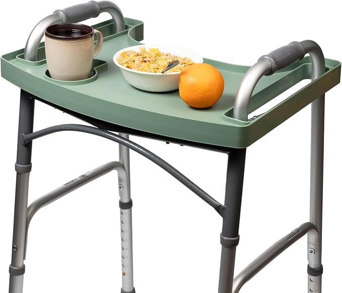 Sigo Green Walker Tray for Rolling Folding Walker, Tray Table with Cup Holder for Standard Walkers Seniors, Detachable Non Slip TV Accessories Basket Holding Plate Cups Clip On Small Bag Carrier