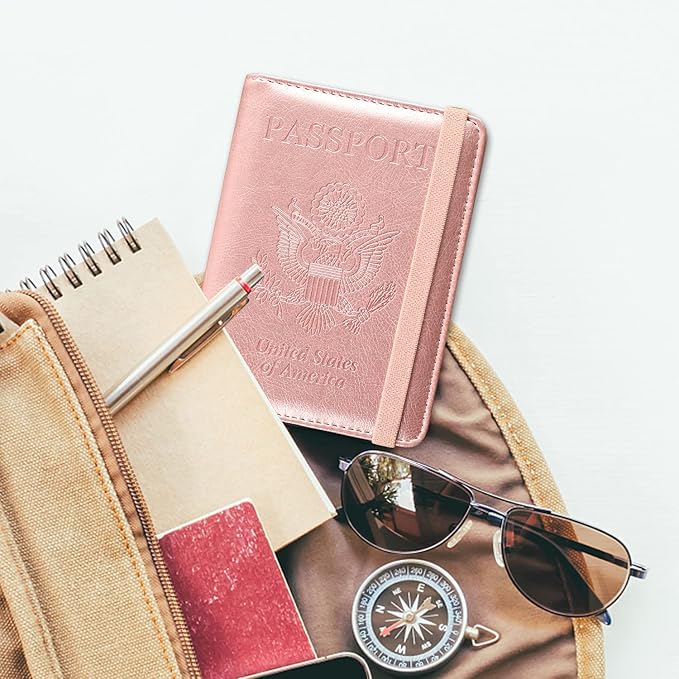 ACdream Passport Holder Cover, Leather Travel Wallet Case, RFID Blocking Document Organizer Protecrtor, with Slots for Credit Cards, Boarding Pass, for Women and Men, Rose Gold