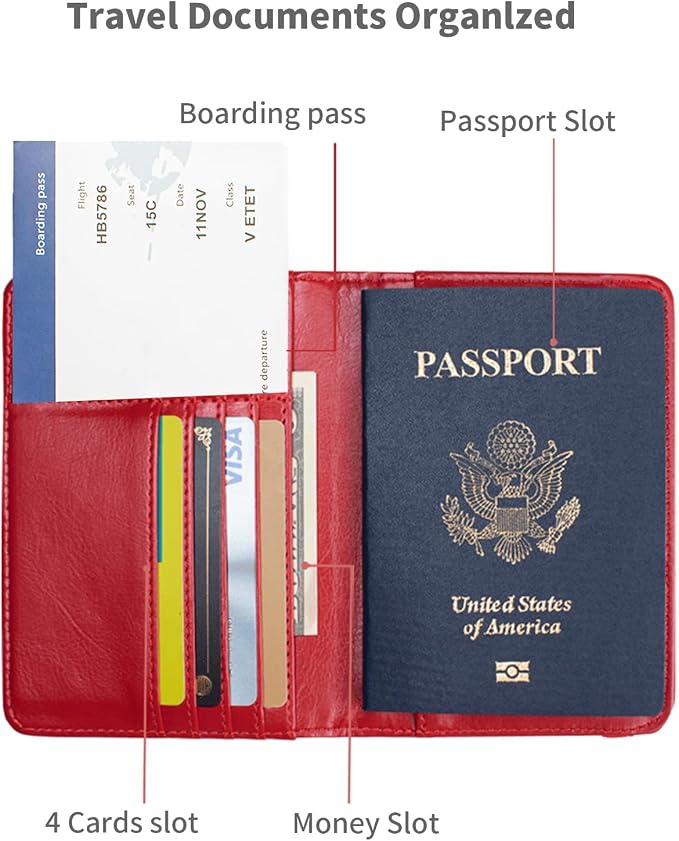 Passport Holder Cover and Card Case Slot Combo RFID Blocking Leather Travel Passport Wallet for Men and Women US Passport Protector Document Organizer,Bright Red
