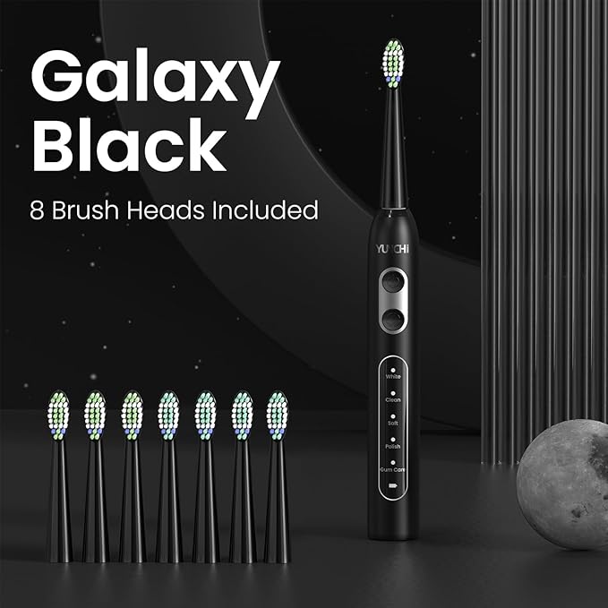 YUNCHI Electric Toothbrush Birthday/Valentine Plastic 8 Dupont Heads 24-Mo Deep Cleans Gentle Gums Removes Stains 3Hr USB-C 90d 2-Min Timer/30s IPX7 - Black