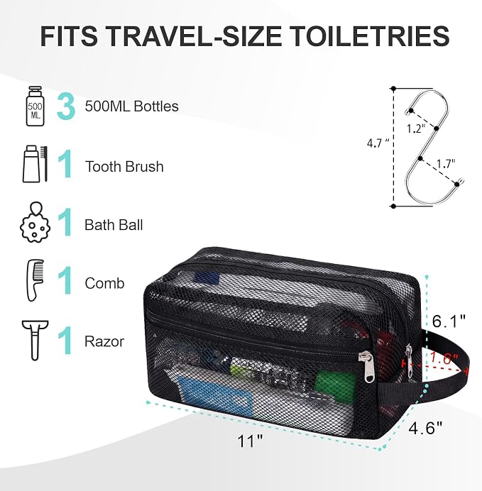 Mesh Shower Caddy Portable with Zipper - Toiletry Shower Bag for travel Gym | 2 Pockets, Quick-Dry Mesh, S-Hook, Small Hanging Shower Caddy for Toiletry Essentials, Bathroom & Camping, Black