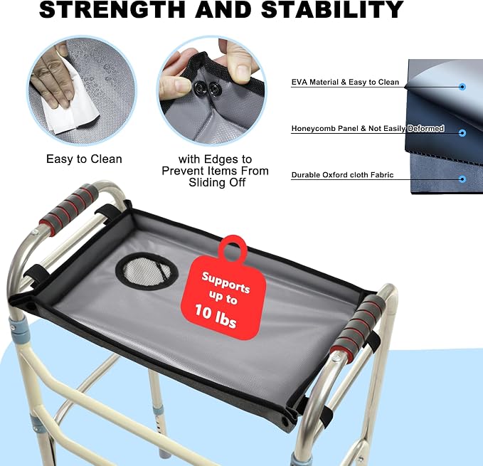 Walker Basket with Tray, Walker Tray for Folding Walker, Walker Accessories for Seniors, Non-Slip Surface, Universal Fit for Standard Walkers, Ideal for Meals, Drinks & Reading(Grey)