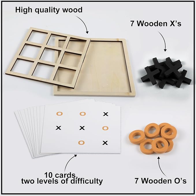 Seenelling Jumbo Wooden Tic Tac Toe Game Dementia Activities for Alzheimers Seniors with Matching and Puzzle Templates XO Chess Board Game for Elderly Engaging Table Decor (Black, Orange)