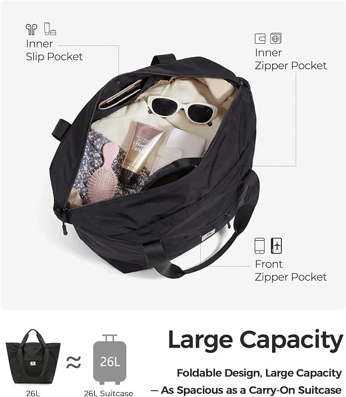 Foldable Travel Bag, 26L Duffle Bag for Travel, Expandable Second Carry-On Bag for Travel & Shopping, Water-Resistant Personal Item Bag, Black
