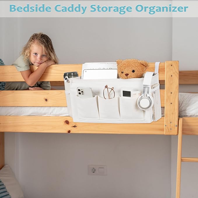 Bedside Caddy, Bedside Storage Bag Hanging Organizer for Bunk Dorm Bed Rail | Bed Caddy with Hooks, Top Bunks and Dorm Essentials for Water, Tissues, Tablets, Books, Phones, Remotes and Other Necessories