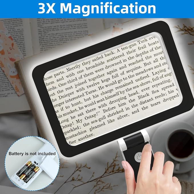 3X Magnifying Glass for Reading Handheld, Large Full Page Magnifier with Light, Lightweight Rectangular Book Magnifying Sheet for Reading Small Prints for Senior, Low Vision