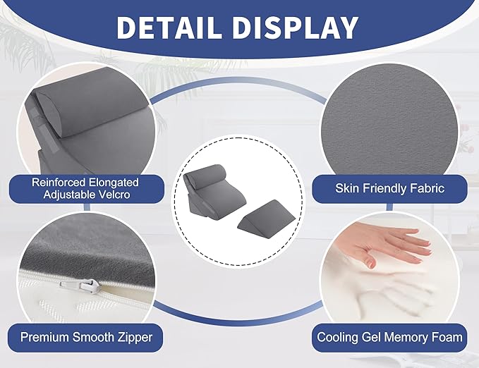 4PC Orthopedic Bed Wedge & BBL Surgery Pillow Set - Memory Foam Support for Buttocks/Back/Legs, Post Surgery Sleeping System with Adjustable Angles, Contains 2 Washable Pillowcases, Gray&White Grey