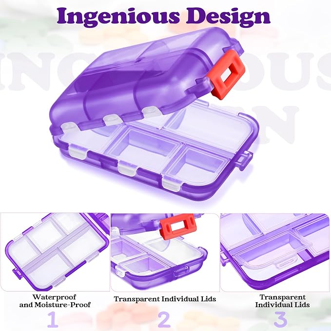 Meekoo 8 Pcs Travel Pill Organizer Pocket Portable Pill Case Daily Container Small Container Medicine Travel with 10 Compartments for Purse Fish Oil Medicine(Purple)