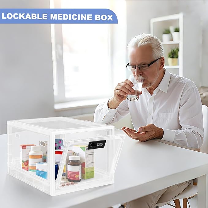 Medicine Lock Box with Code, Medium Size Clear Lock Box for Medication, Large Capacity Lockable Bin for Snacks, Phone, Tablet, Ideal for Fridge, Office, Dorm, Home