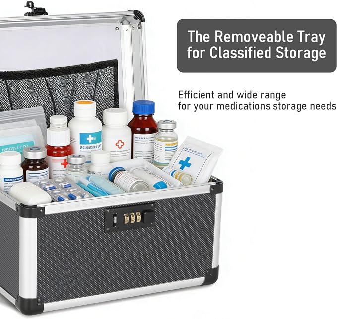 Medicine Box with Combination Lock - 11.2"x7.6"x7.6" First Aid Safe Medication Storage Case, Personal Items Safe Case for Hospital & Home & Outdoor 【Tactical Black,No Tray】