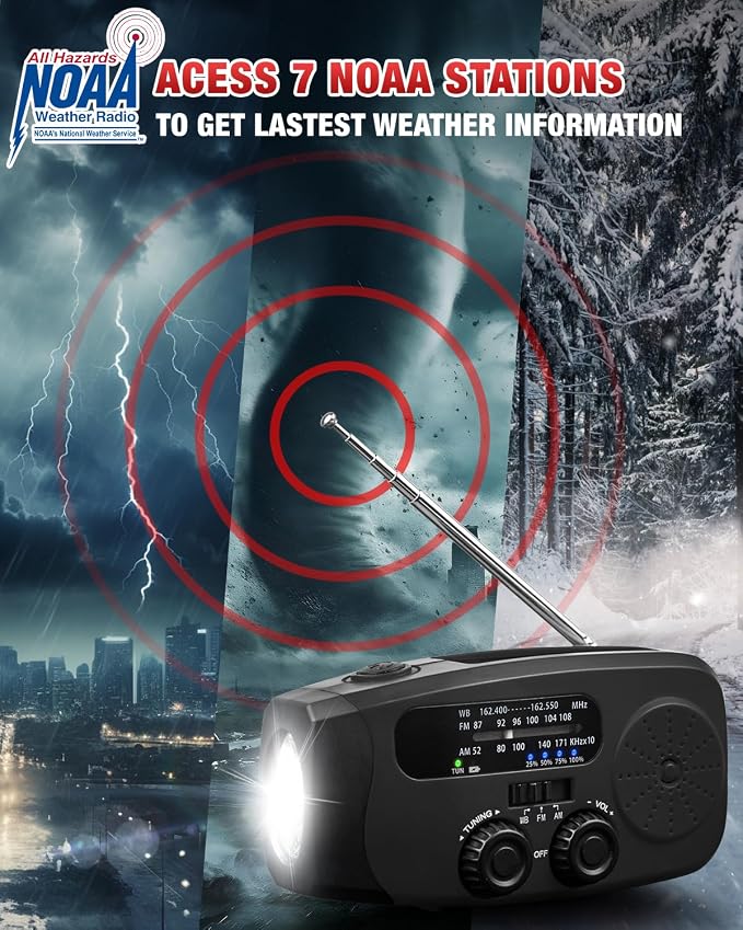 Hand Crank Radio with AM/FM/NOAA Weather Bands,for Emergencies, Camping | 3 LED Flashlights,SOS Function,Solar Powered,Hand Cranked, 2000mAh/7400mWh Charger,for Power Outage - Black