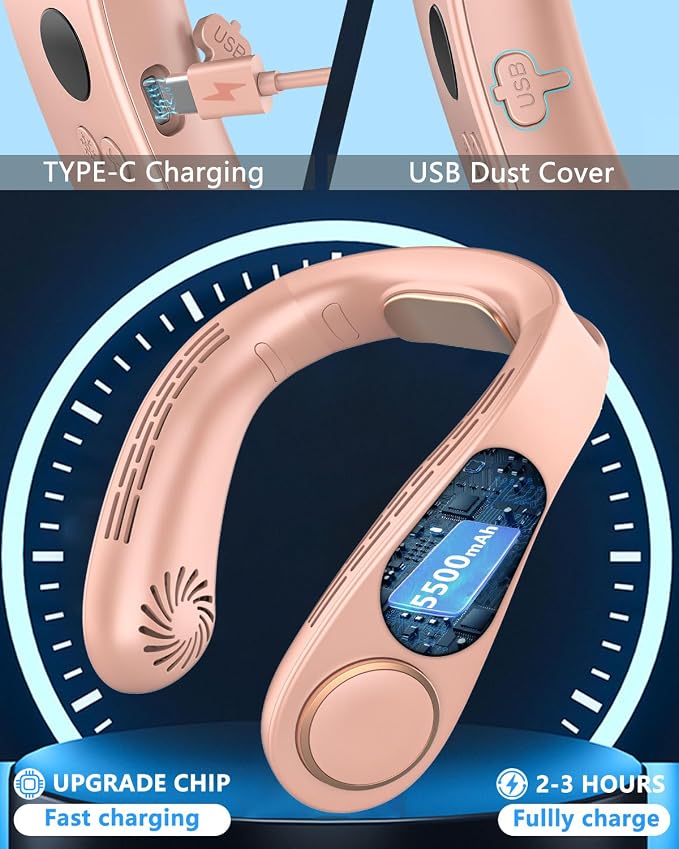 Neck Fan that Blow Cold Air with Cooling Plate, Recharable 5500mAh Battery Powered, Potable Silent Mini Neck Air Conditioner, Cordless Leafless Quiet Face Fans for Kid Adults Travel Work Sports, Pink