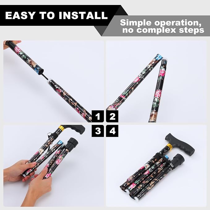 PARLORA Walking Cane for Women and Men, Collapsible, Lightweight, Sleek, Foldable Folding Cane | Walking Sticks for Seniors & Adults with Comfortable T-Handle